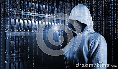 Hacker or cracker tries to hack a security system to steal or destroy critical information. Or a ransom of important information o Stock Photo