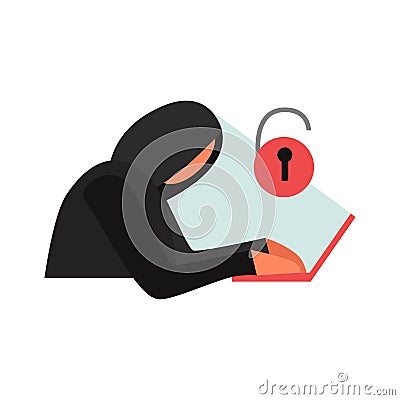 Hacker Cracking Lock Composition Cartoon Illustration