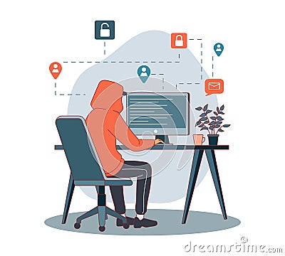 Hacker cracking passwords. Guy in hood sitting at monitor, writing program, cyber criminal, data theft, information and Vector Illustration