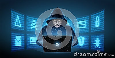 Hacker. Cyber criminal with laptop and related icons behind it. Cyber crime, hacker activity, ddos attack, digital Vector Illustration