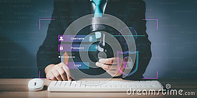Hacker, Cyber security and data protection on internet. Person touching virtual shield, secure access, encrypted connection. Stock Photo