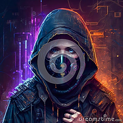 Hacker cyberpunk portrate. Generative AI Cartoon Illustration