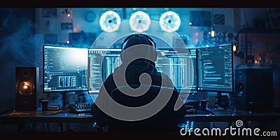 Hacker in a dark hoodie at computer workstation with multiple monitors and code, cyber security concept Stock Photo