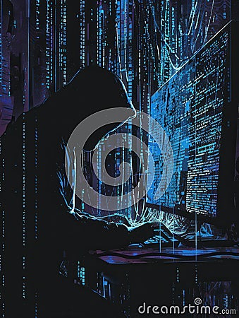 A hacker in a dark hoodie types on a computer, illuminated by a screen filled with vibrant, cascading lines of code in a Stock Photo