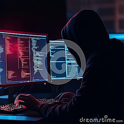 A hacker in a dark hoodie working on a computer with red warning alerts on the screen. - Stock Photo