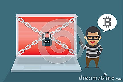 Hacker demand Bitcoin payments to restore computer systems. Vector Illustration