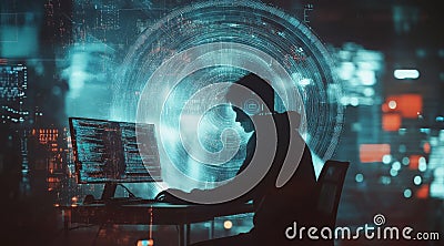 Hacker at Desk An InDepth Exploration of Big Data, Technology, and Cybersecurity Trends Stock Photo
