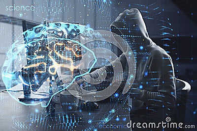 Hacker at desktop using laptop computer with creative brain hologram on blurry office interior background. Science, future, Stock Photo