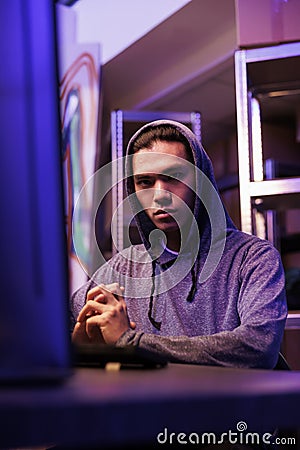Hacker developing malware portrait Stock Photo