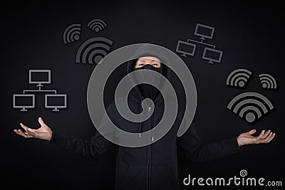 Hacker digital thief open palm gesture with wifi and network icon Stock Photo