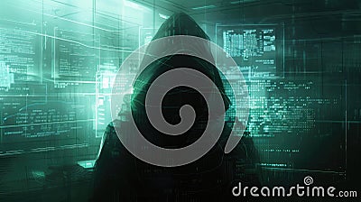 A hacker in a dimly lit room, surrounded by screens displaying lines of code and digital interfaces, with a hood casting Stock Photo