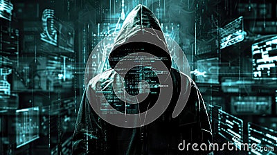 A hacker in a dimly lit room, surrounded by screens displaying lines of code and digital interfaces, with a hood casting Stock Photo