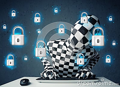 Hacker in disguise with virtual lock symbols and icons Stock Photo