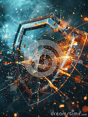 A hacker disrupts a digital shield, causing fragments to scatter, representing a significant cybersecurity breach Stock Photo