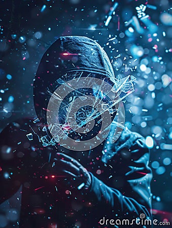 A hacker disrupts a digital shield, causing fragments to scatter in a striking display of cybersecurity threats and Stock Photo
