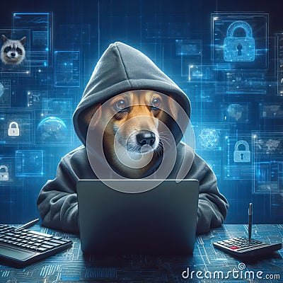 hacker dog in a hoodie will try to break through your computers cybersecurity Stock Photo