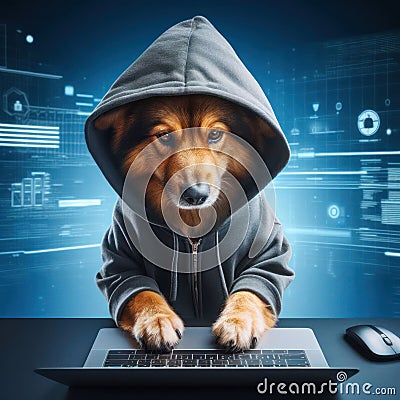 hacker dog in a hoodie will try to break through your computers cybersecurity Stock Photo