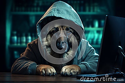 Hacker dog wearing a hoodie, sitting in front of a computer keyboard with a determined look in its eyes. Ai generated Stock Photo