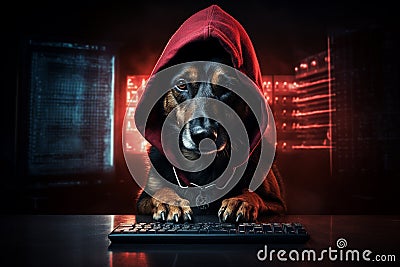 Hacker dog wearing a hoodie, sitting in front of a computer keyboard with a determined look in its eyes. Ai generated Stock Photo