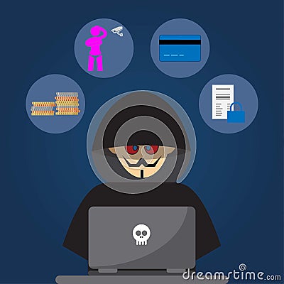 Hacker dressed in black in front of a laptop Vector Illustration