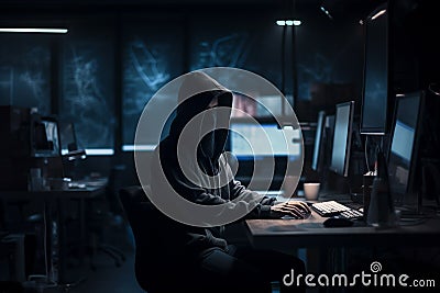 Hacker dressed in a hoodie, sitting in a dark room surrounded by monitors, coding malicious software. Ai generated Stock Photo