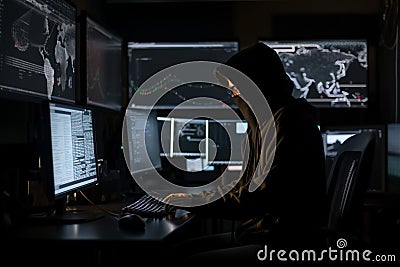 Hacker dressed in a hoodie, sitting in a dark room surrounded by monitors, coding malicious software. Ai generated Stock Photo