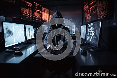 Hacker dressed in a hoodie, sitting in a dark room surrounded by monitors, coding malicious software. Ai generated Stock Photo