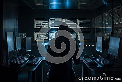 Hacker dressed in a hoodie, sitting in a dark room surrounded by monitors, coding malicious software. Ai generated Stock Photo