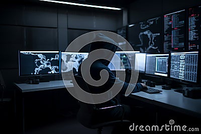 Hacker dressed in a hoodie, sitting in a dark room surrounded by monitors, coding malicious software. Ai generated Stock Photo