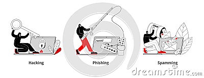 A hacker is engaged in phishing on a laptop. The thief opens the protection of the computer. Vector Illustration