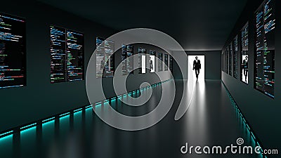 Hacker enters backdoor to server room with computercode screens Cartoon Illustration