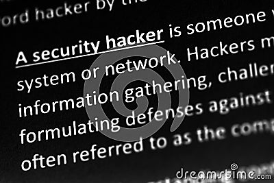 Hacker explanation or description in dictionary or article. Stock Photo