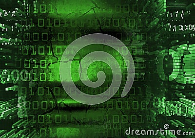 Hacker face on green binary codes background. Stock Photo