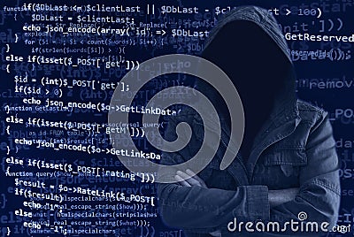 Hacker without face surrounded by source code Stock Photo