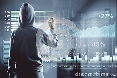 Hacker with financial chart screen Stock Photo