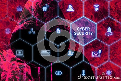 Hacker in flames behind a cybersecurity grid Stock Photo