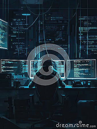 A hacker focuses intently on coding, surrounded by glowing computer monitors in a darkened room, immersed in their work Stock Photo