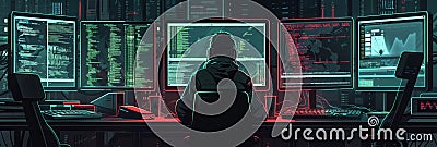A hacker focuses intently on multiple computer screens in a dimly lit room, engaged in complex coding and data analysis Stock Photo