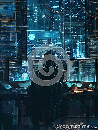A hacker focuses intently on several computer screens in a dimly lit room, immersed in their late-night coding and Stock Photo