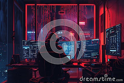 A hacker focuses intently at work in a dimly lit room, surrounded by glowing computer screens displaying code and data Stock Photo