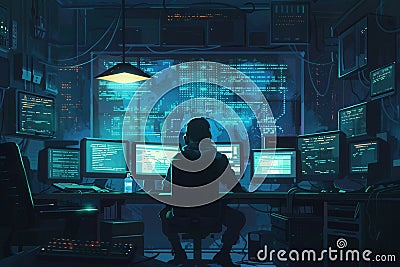 A hacker focuses on multiple screens, coding and analyzing data in a dimly lit room filled with high-tech equipment Stock Photo