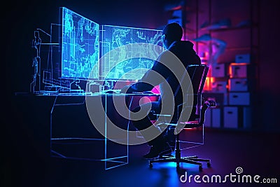 hacker front of his computer committing digital cybercrime. Generative AI Stock Photo
