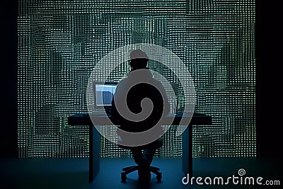 hacker front of his computer committing digital cybercrime. Generative AI Stock Photo