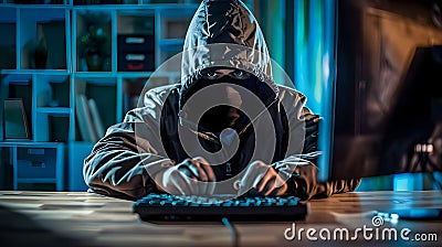 hacker front of his computer committing digital cybercrime Hacker using computer keyboard. Hacking system Stock Photo
