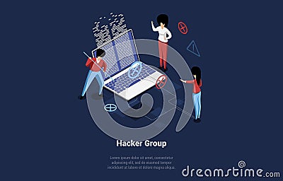 Hacker Group Concept Illustration In Cartoon 3D Style. Isometric Vector Composition On Dark Blue Background. Cyber Vector Illustration