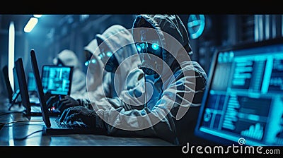 Hacker group in white hoodies wearing glowing masks working at computers in a cyberpunk setting. High-tech cybercrime concept Stock Photo
