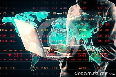 Hacker hand using laptop with glowing digital blue map on background. Global connection network and interface concept Stock Photo