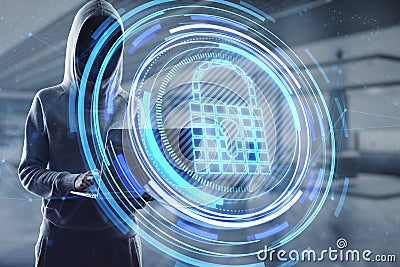 Hacker hand using notebook with glowing padlock hologram on blurry office interior background. Secure, data theft, malware, safety Stock Photo