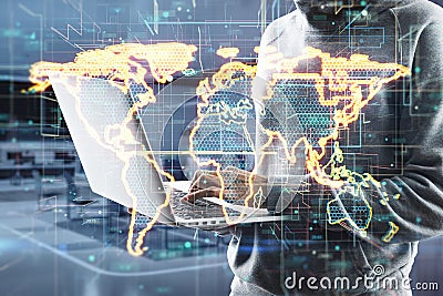 Hacker hands using laptop with abstract glowing golden map hologram on blurry background. Digital world, hacking, malware and Stock Photo