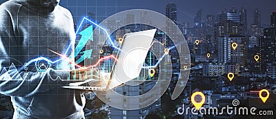 Hacker hands using notebook with glowing business chart on dark city background with location marks. GPS, logistics and finance Stock Photo